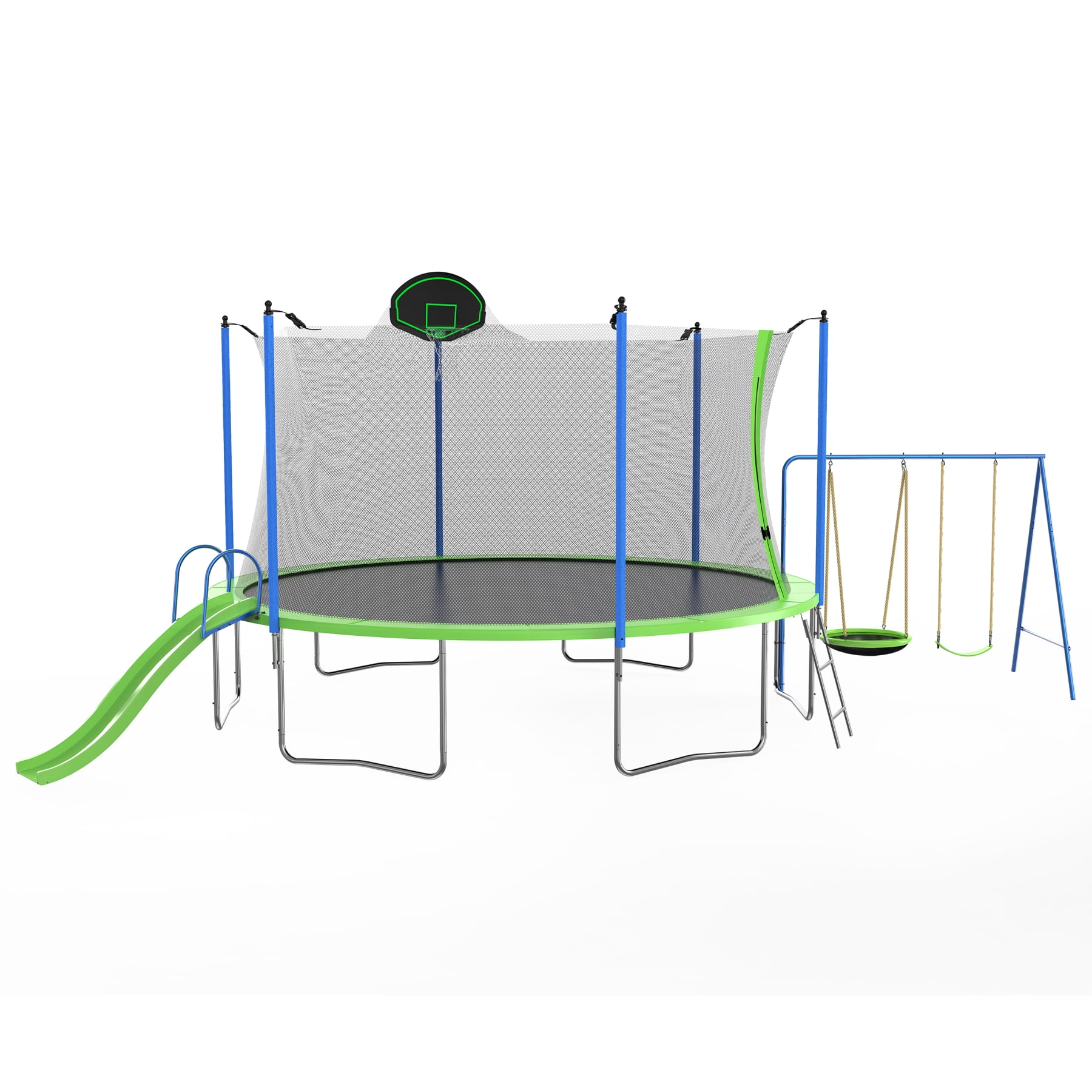 Arspjes 14FT Trampoline with Slide and Swings,Outdoor Large Recreational Trampoline with Safety Enclosure Net,Round Backyard Trampoline with Basketball Hoop and Ladder for Kids and Adults,Green