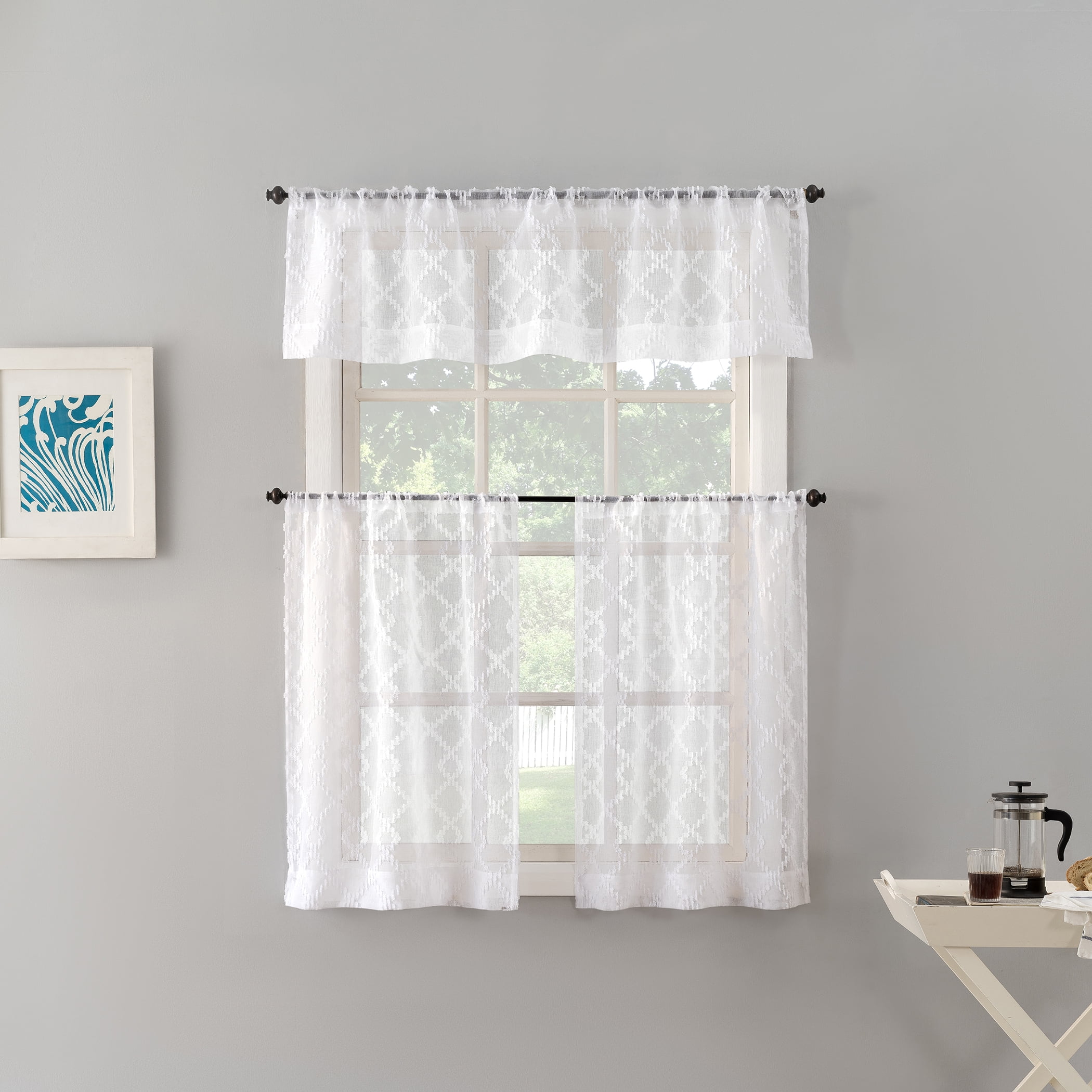 No. 918 Tina Geometric Clipped Semi-Sheer Rod Pocket Kitchen Curtains, 54"x15"
