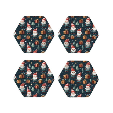 

Fuzoiu Cute Santa Claus Gift Print Leather Coasters Set Drink Coasters Set of 4 for Tabletop Protection Durable PVC Coasters Home Décor and Housewarming Gift-Hexagon