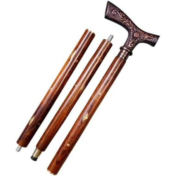 “Wooden Walking Stick with Aluminum Head | Antique Style Fashion Designer Cane | 35 Inch Vintage Brown Shaft”