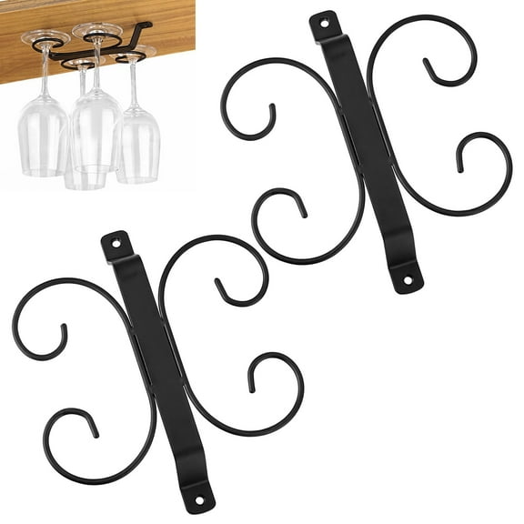 2PCS Hanging Wine Glass Rack, Iron Wine Glass Drying Rack, Under Cabinet Wine Rack, Holds 4 Glasses, Black, Stylish Roll Design