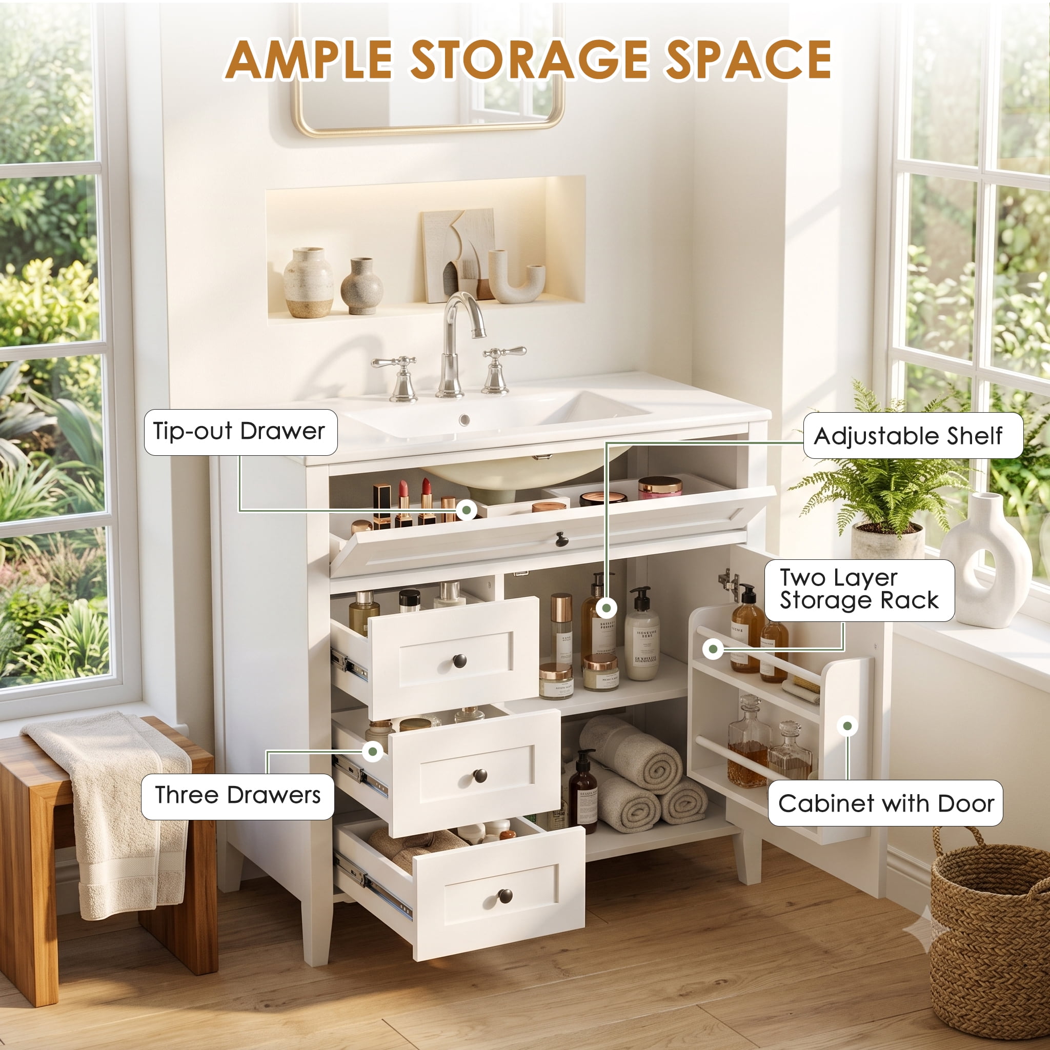 Anpport 36" Freestanding Bathroom Vanity with Sink, Modern MDF & Rubberwood Cabinet, 3 Drawers, Adjustable Shelf & Left‑Side Door, White