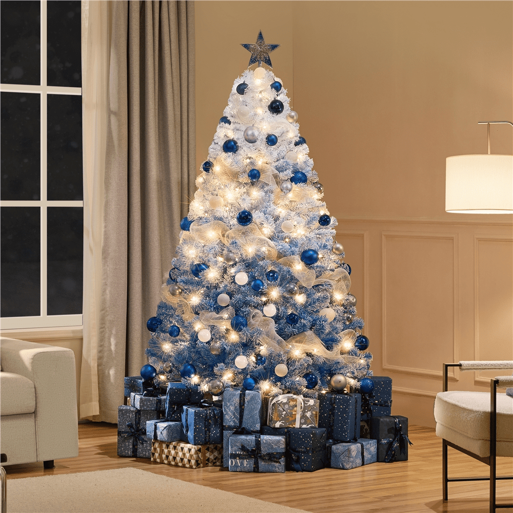 Alden Design 6 FT Artificial Snow Flocked Christmas Tree with 250 Lights, Lake Blue Gradient