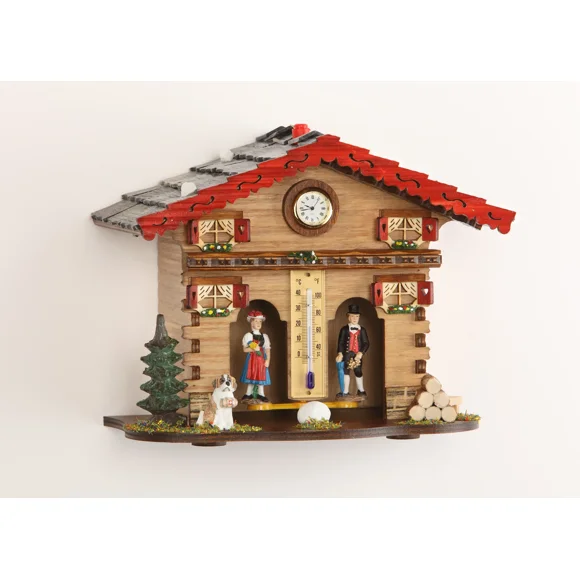 NUREMBERG, Estación Meteorológica Estilo Chalet con figuritas de hombre, mujer y perro. Inserto de tiempo de cuarzo solamente Hermle 81000