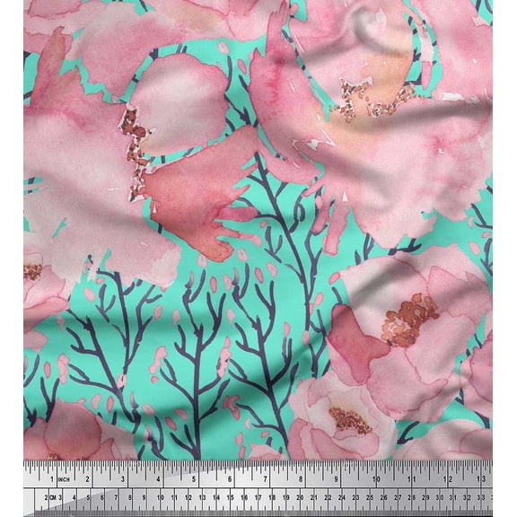 Soimoi Green Cotton Duck Fabric Branch & Peach Flower Watercolor Print Sewing Fabric BTY 42 Inch Wide