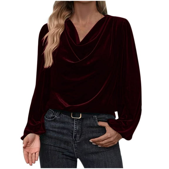 Ltctricy Women's Velvet Tops Cowl Neck Long Sleeve Velour T Shirts Dressy Casual Tee Blouses Loose Tunic Blouses(Wine,X-Large)