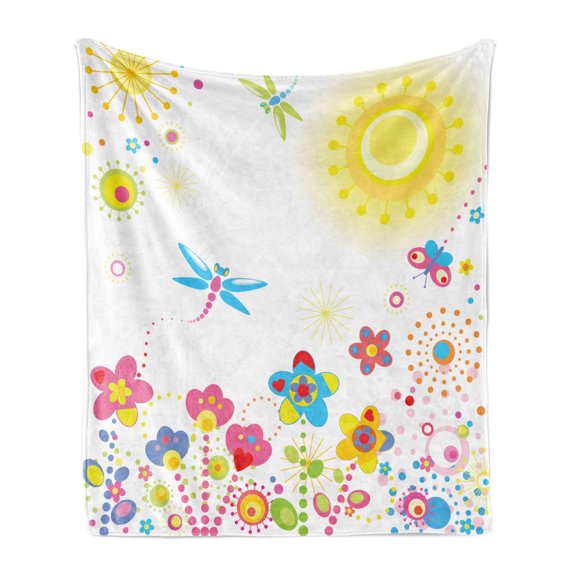 Dragonfly Soft Flannel Fleece Blanket, Summer Themed Floral Backdrop with Sun Rays Colorful Dandelions Happiness Graphic, Cozy Plush for Indoor and Outdoor Use, 50" x 60", Multicolor, by Ambesonne