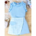 thumbnail image 4 of Mevireiy Baby Girls Two Piece Outfits Ribbed Knit Ruffle Tank Tops Plaid Skirt Shorts, 4 of 7