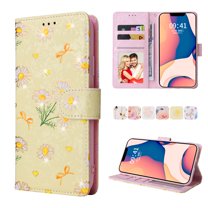 Nalacover Wallet Case for iPhone 13, Bling Flower Pattern PU Leather Wrist Strap Handbag Magnetic Clasp Flip Cover with Kickstand Card Slots Holder Soft Silicone Shockproof Case,Yellow Daisy