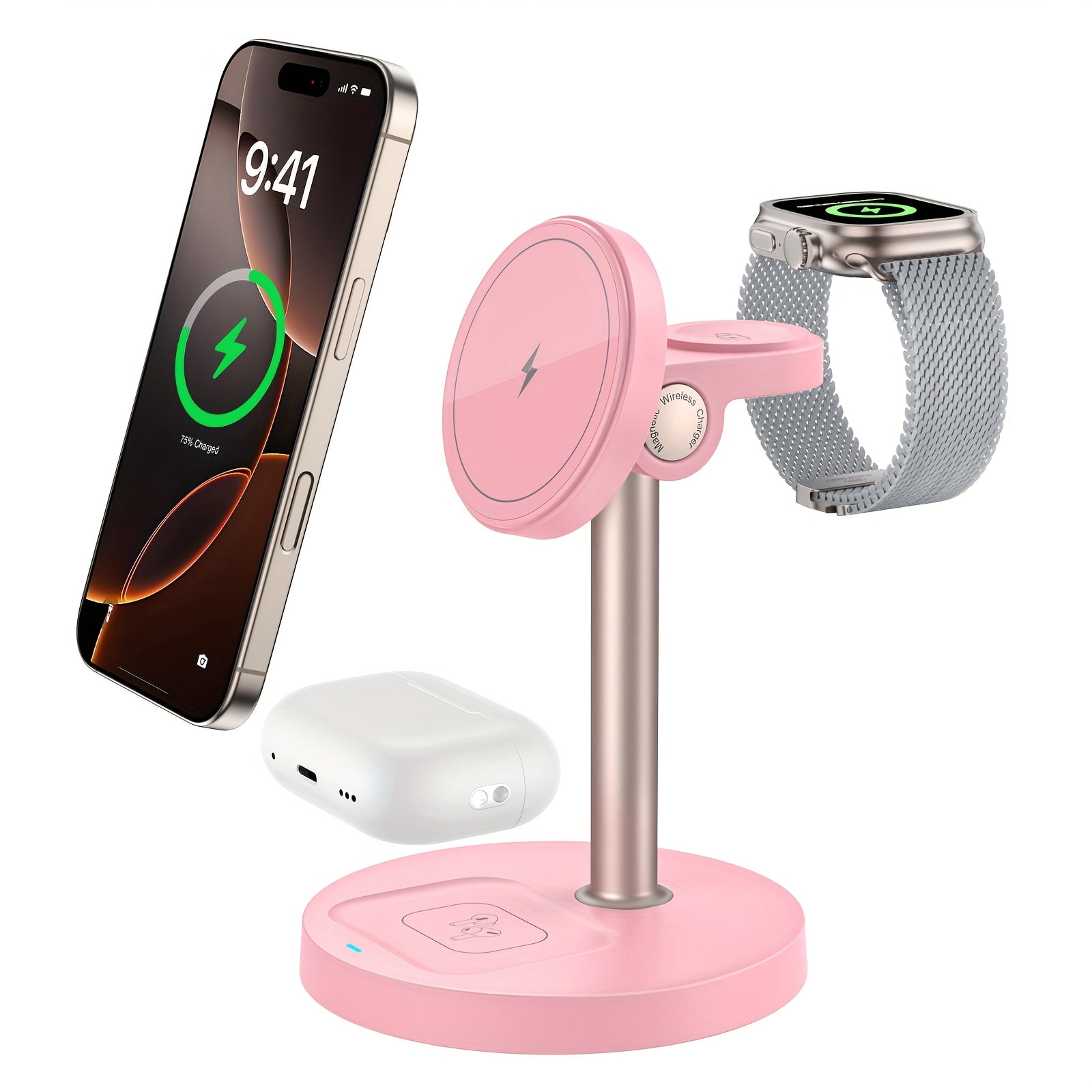 3-in-1 Magnetic Wireless Charger Stand: 15W Fast Charging for iPhone 16/15/14/13/12, Apple Watch & AirPods | Adjustable, Heat Dissipation, Strong Magnetic Grip, Dopamine Colors