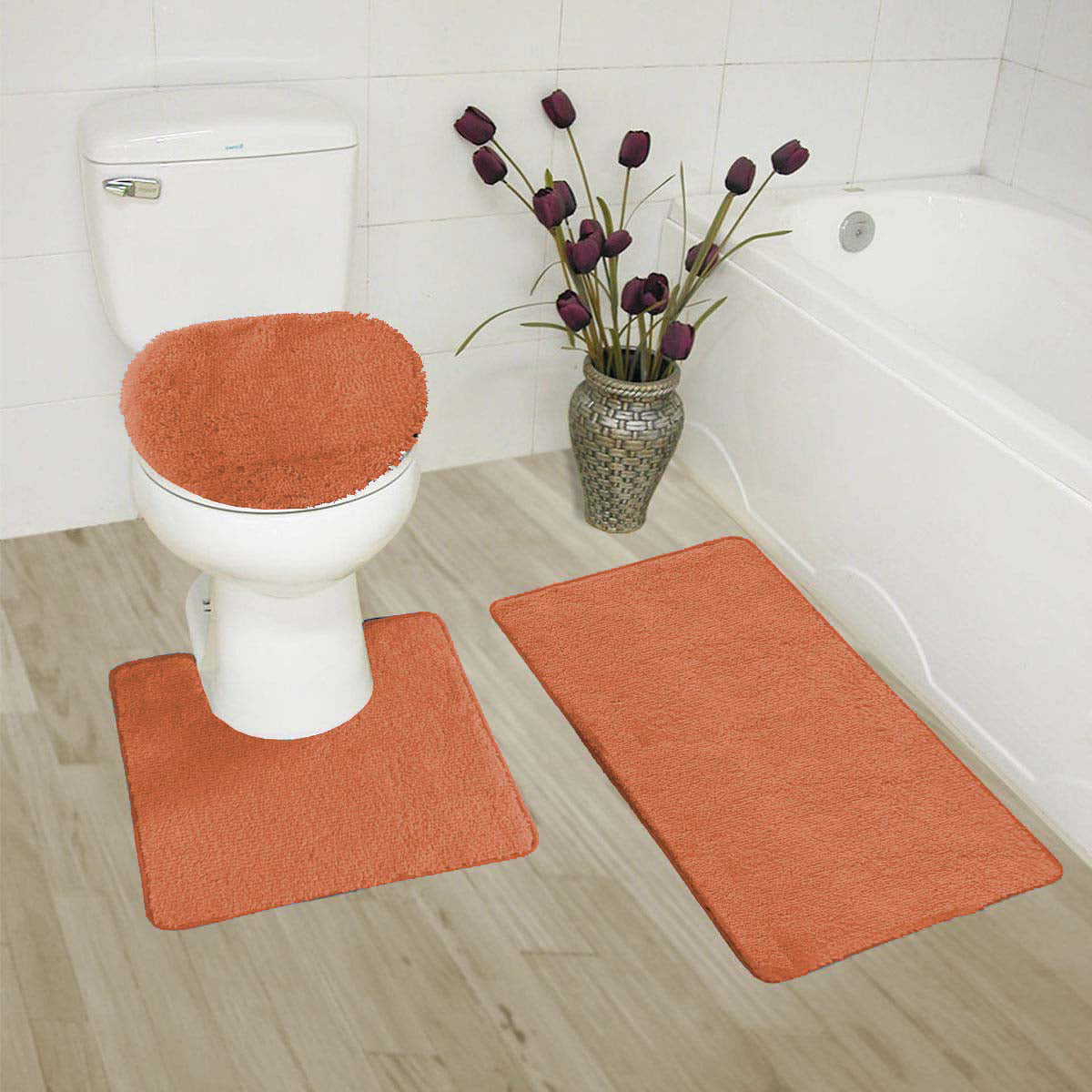 3 Piece Bathroom Set Bath Toilet Rug Anti-skid Carpet Lid Toilet Cover 