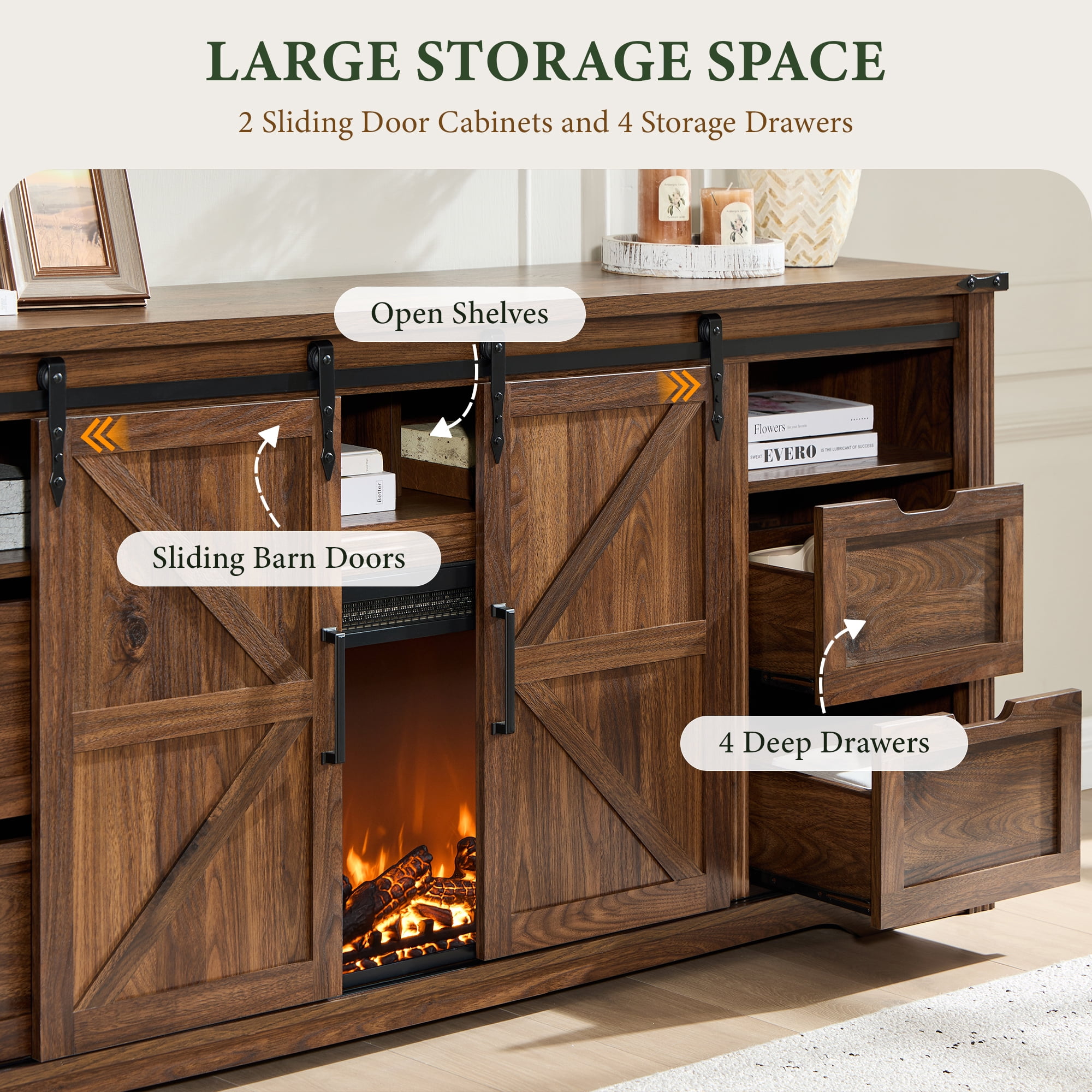 IFMUST Farmhouse Fireplace TV Stand for TVs up to 80", 30" Electric Fireplace & Barn Door