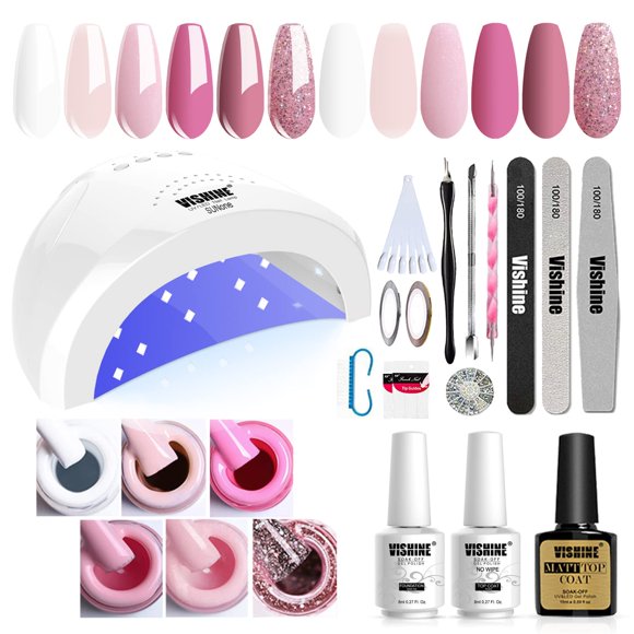 Vishine Kit de iniciación de esmalte de uñas de gel con lámpara de uñas LED UV SUNOne de 48 W, secador de velocidad, herramientas de manicura, 6 bonitos colores, base de esmalte de gel y capa superior