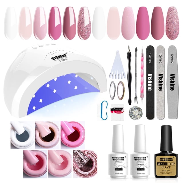 Vishine Kit de iniciación de esmalte de uñas de gel con lámpara de uñas LED UV SUNOne de 48 W, secador de velocidad, herramientas de manicura, 6 bonitos colores, base de esmalte de gel y capa superior