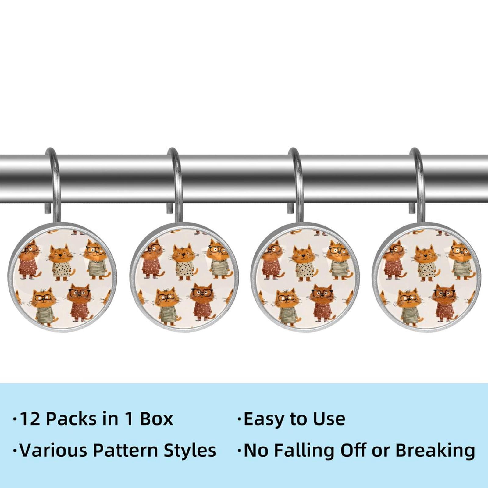 12pcs Decorative Shower Curtain Hooks, Rust Resistant Shower Rings for Bathroom Living Room,Rustproof Stainless Steel Rings for Shower Curtain and Liner Rods,Cartoon Sweater Glasses Cat