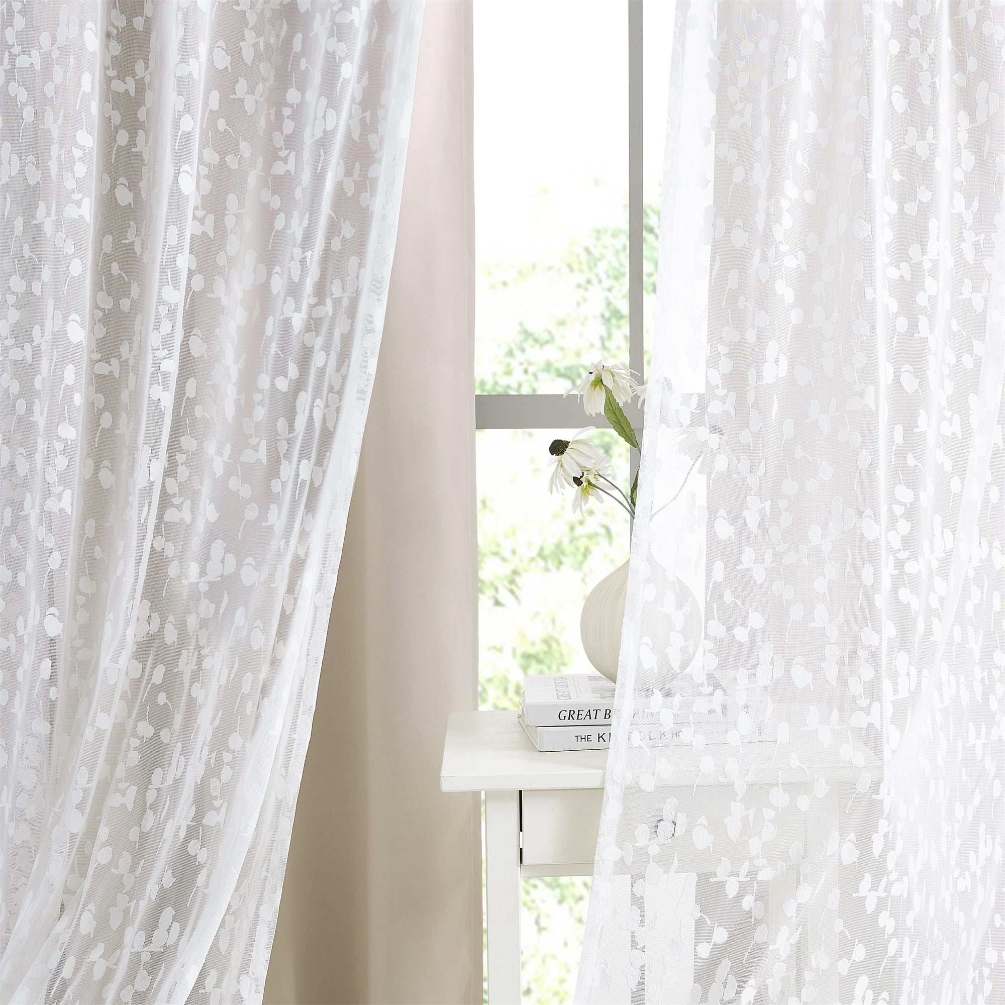 Flowpartex Beige White Mix Matched Full Blackout Curtains with Lace Leaf Sheer 4 Window Sheer Panels for Modern Bedroon Living Room Decor, 52" W x 95" L