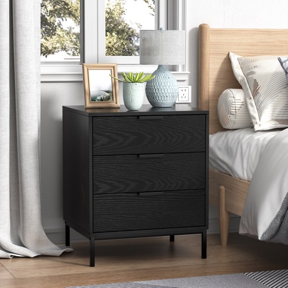 Eumyviv 3 Drawer Nightstand, Black Night Stand for Bedroom with Metal Legs, Waterproof Surface, Industrial End Table with Smooth Glides, Small Spaces H0147