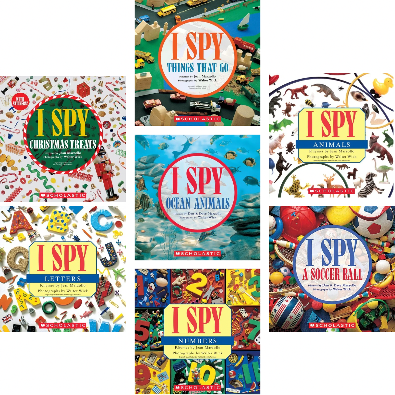 I Spy 8x8 Paperback Set (7) I Spy A Soccer Ball; I Spy Ocean Animals; I Spy Things That Go; I Spy Christmas Treats; I Spy Animals; I Spy Numbers; I Spy Letters by Jean Marzollo