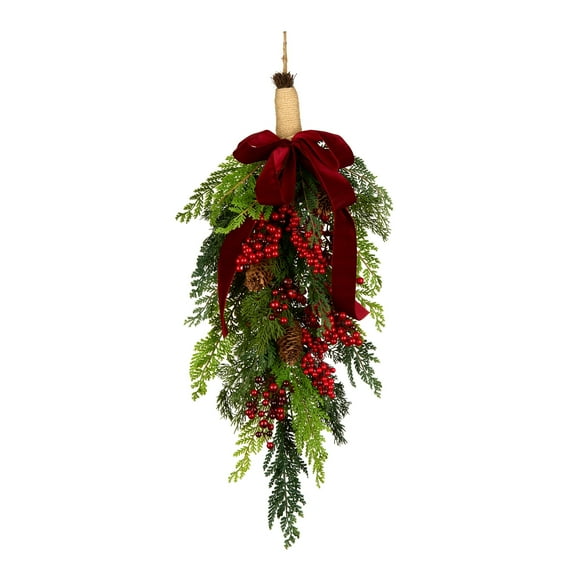 28 in. Artificial Christmas Teardrop, Green, Christmas Joy, Red Berries, Pine Cones, Dark Red Velvet Bow