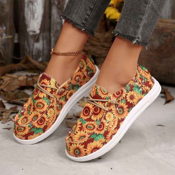 Canvas Slip On Casual Shoes For Women, Printed Lace Up Flat Loafers, Lightweight Comfort Daily Walking Footwear Yellow 42