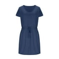 thumbnail image 4 of APEXFWDT Women's Short Sleeve V-Neck Dress Elastic Waist Tie Knee Length Dresses Casual Dress with Pockets for Daily,L,Navy, 4 of 6