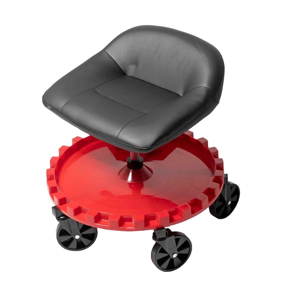 Traxion 2-230 Monster Rolling Padded Mechanic Stool Seat Garage Shop Roller Work Chair with Wheels and Tool Tray, Heavy-Duty 400-lb Capacity, All-Terrain 5" Casters, Black Red C42