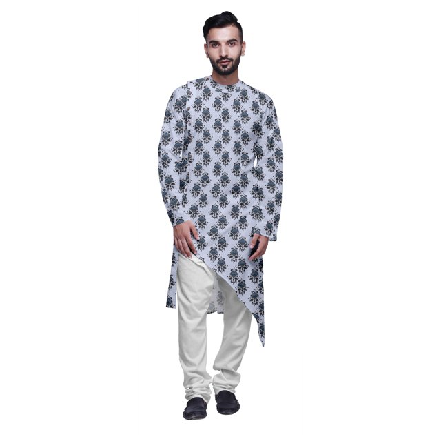 Atasi Kurta Long d'Été Imprimé de Designer avec Ensemble de Pyjama Blanc pour Hommes