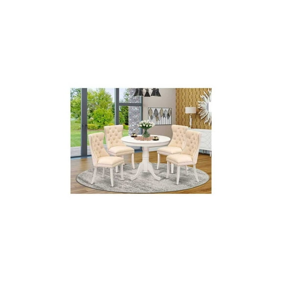 Modern 5 Piece Dining Set - Round Pedestal Table & 4 Linen White Parsons Chairs