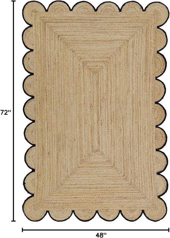 Scalloped Handwoven Natural Jute Area Rug, Black Trim, 4'x6'