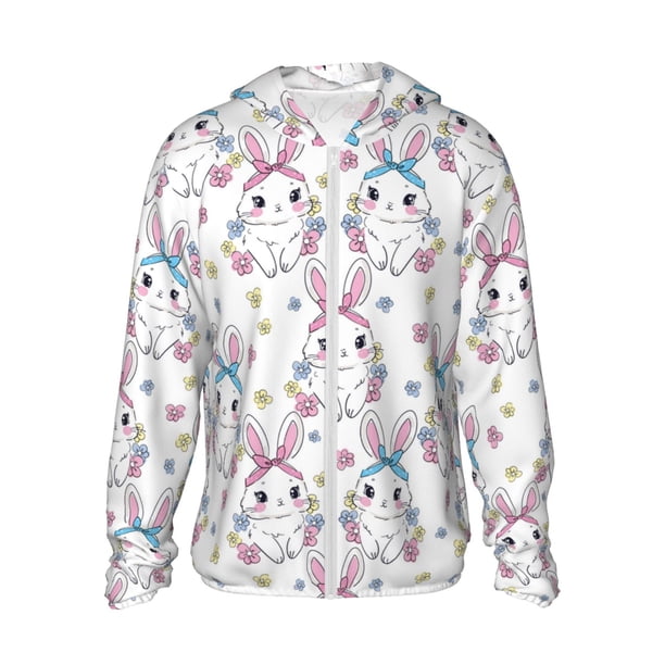 Fotbe Cartoon Cute Rabbit Chaqueta con Protección Solar UPF 50+ para Hombre y Mujer, Camisa con Capucha y Bolsillos-Small