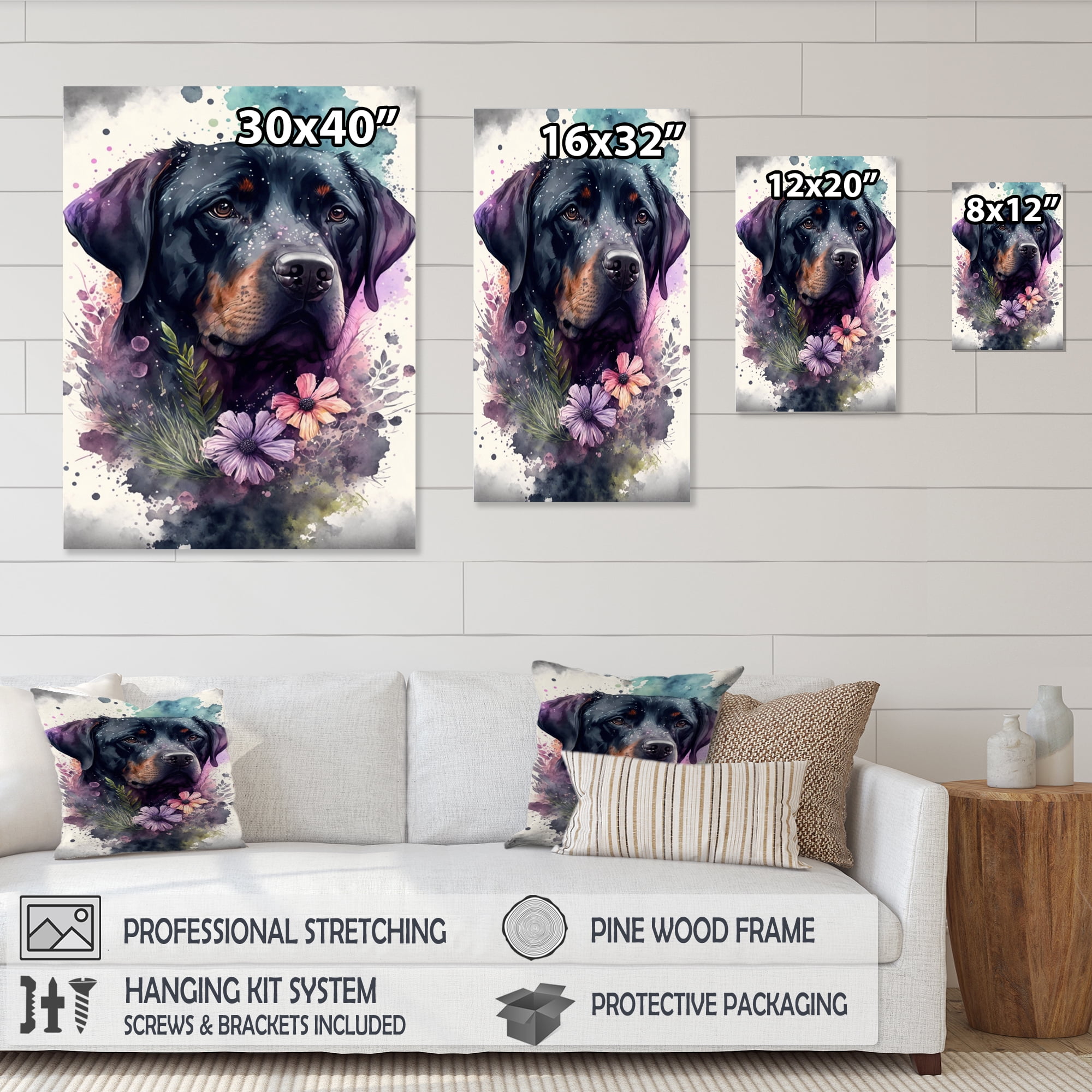 Designart Cute Rottweilers Floral Art II Canvas Wall Art