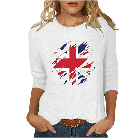 WREESH Womens Great Britain Uk Flag T-Shirts Casual 3/4 Sleeve T-Shirt Patriotic Basic Graphic Tees Blouse Round Neck Pullover Tops White