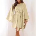 thumbnail image 4 of Women's Solid Color Satin Dress Bell-Sleeve Long Sleeve Casual Crew Neck Ruched Tie Waist Party Mini Dress, 4 of 6