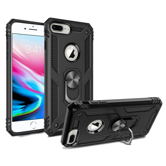 For Apple iPhone 8 Plus/7 Plus/6 6S Plus Rugged Dual Layers 2in1 Hard PC   TPU Shockproof Hybrid with Ring Kickstand Cover ,Xpm Phone Case [ Black ]