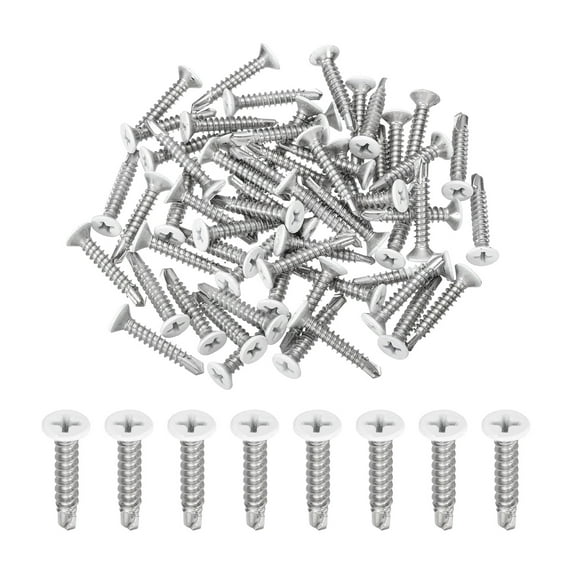 Uxcell 60Pcs M4.2x25mm White Flat Head Self Tapping Screws for Metal, Silver