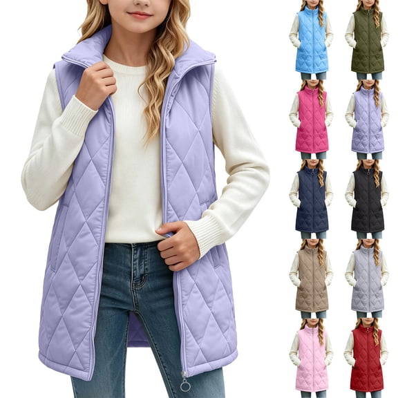 Boys Girls Winter Coats Solid Sleeveless Warm Vest Jacket With Pockets Stand Collar Zipper Waistcoat Coat For Cold Fall Winter Outside