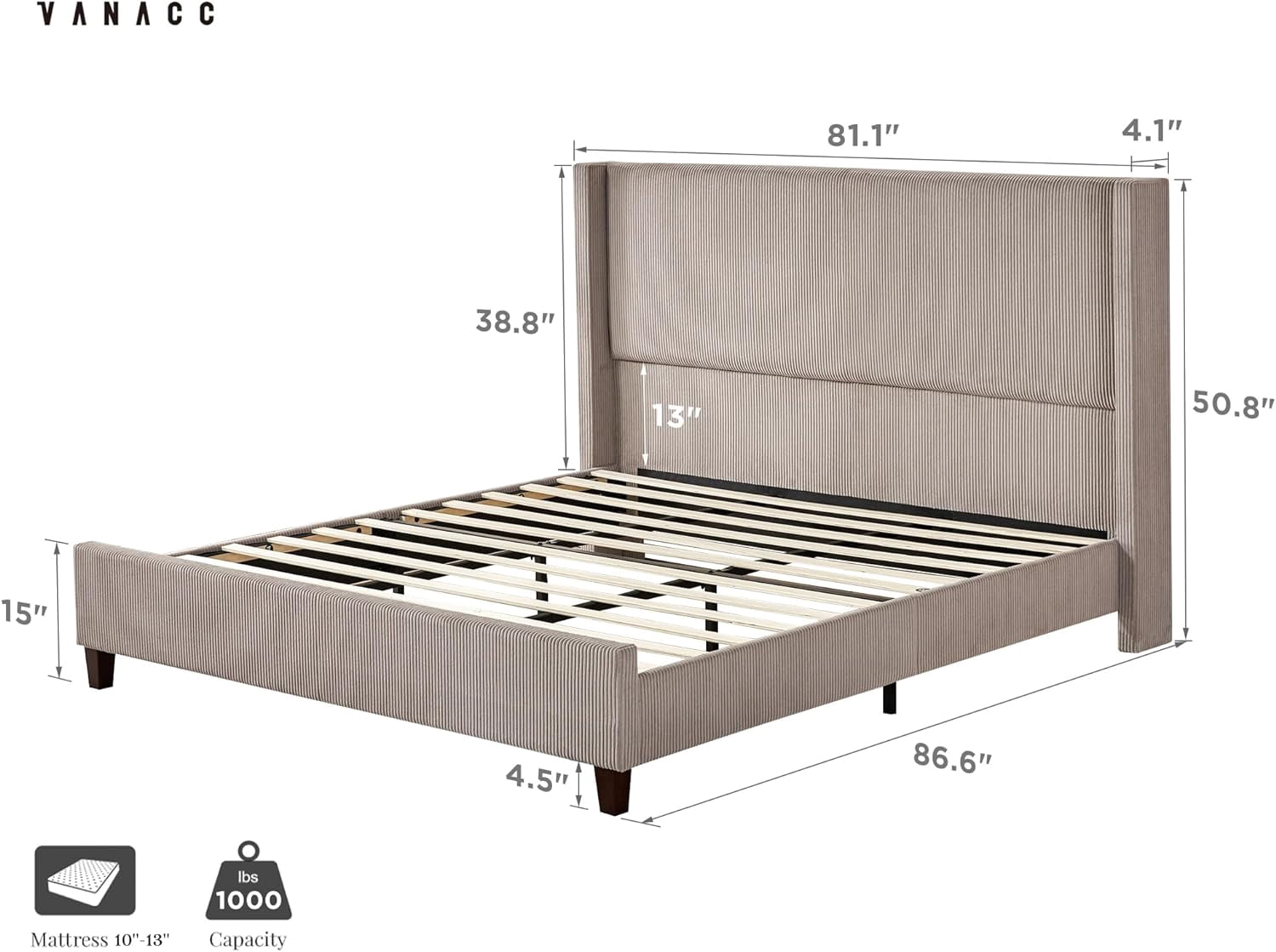 VanAcc King Size Platform Bed Frame, 50.8" Corduroy Upholstered Bed with Vertical Channel Tufted Headboard/Wooden Slats/Wingback, Taupe