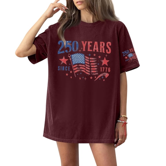 Dweltoz 4th Of July Shirts for Women Short Sleeve Usa Print Tops Solid Color Plus Size Top Independence Day Crewneck Fashion Leisure 1776-2026 Tees,Wine 2XL