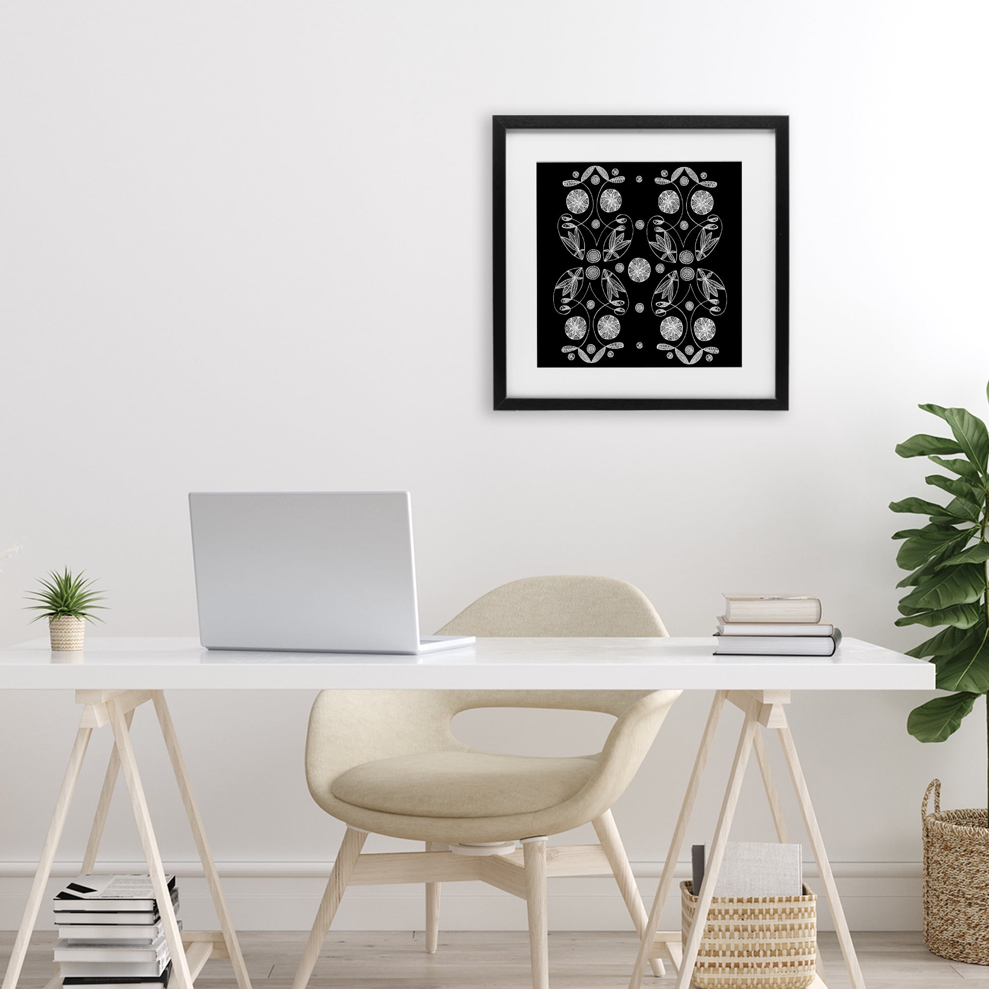 Stupell Industries Symmetrical Flower-Like Patterns Black Framed Print Under Glass, design by El Perkin