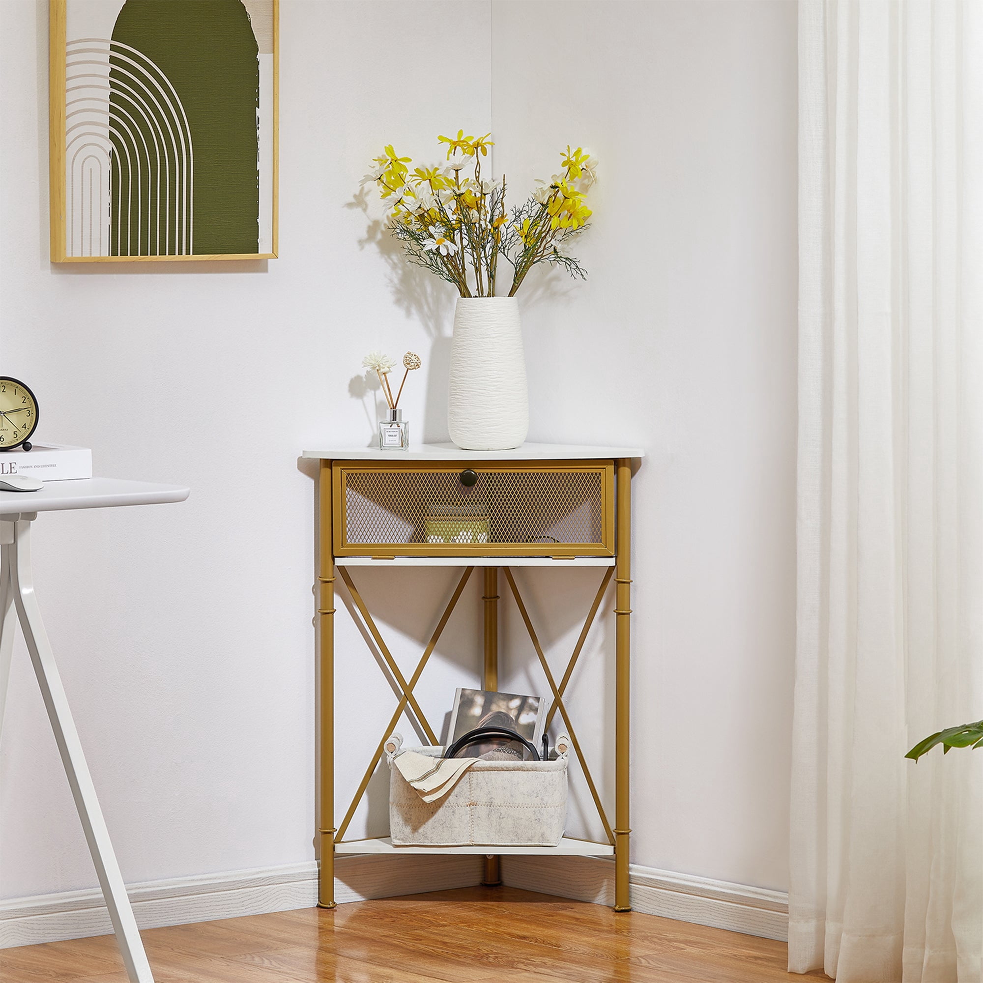 VECELO Corner Storage Cabinet with Flip Drawer and Shelf, Triangle X-Shaped Freestanding Floor Cabinet, White + Gold Frame