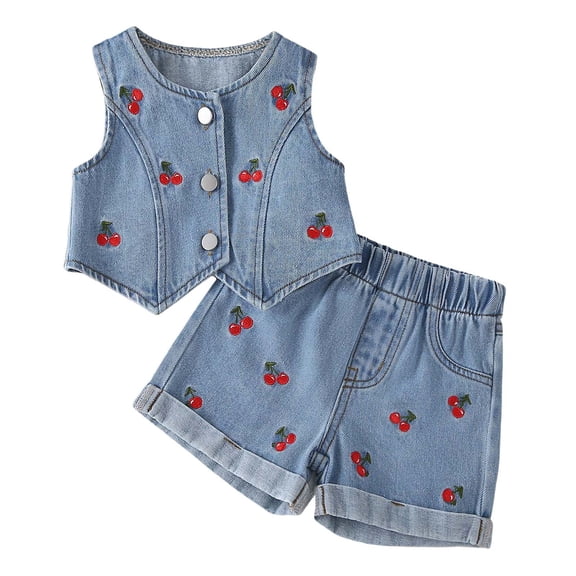 Vividxx Girls Outfit Set Casual Embroidered Cherry Vest With High Waist Loose Fit Denim Shorts Two Piece Summer Clothes For Girls