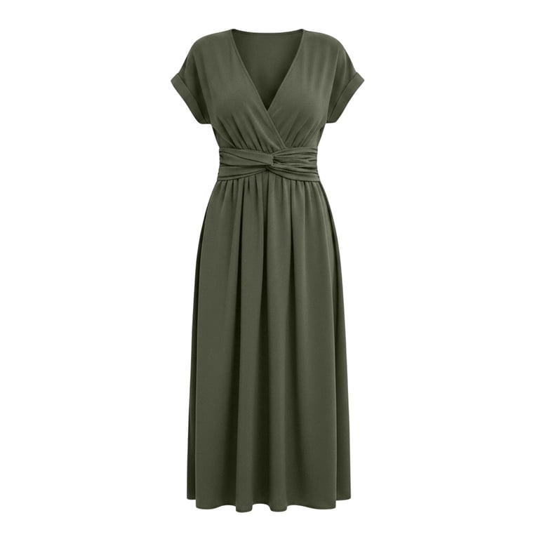 Stamzod Wedding Guest Dresses for Women Summer V-Neck Cross Waist Midi Dress Casual Short Sleeve formal Party Dresses Army Green XXL