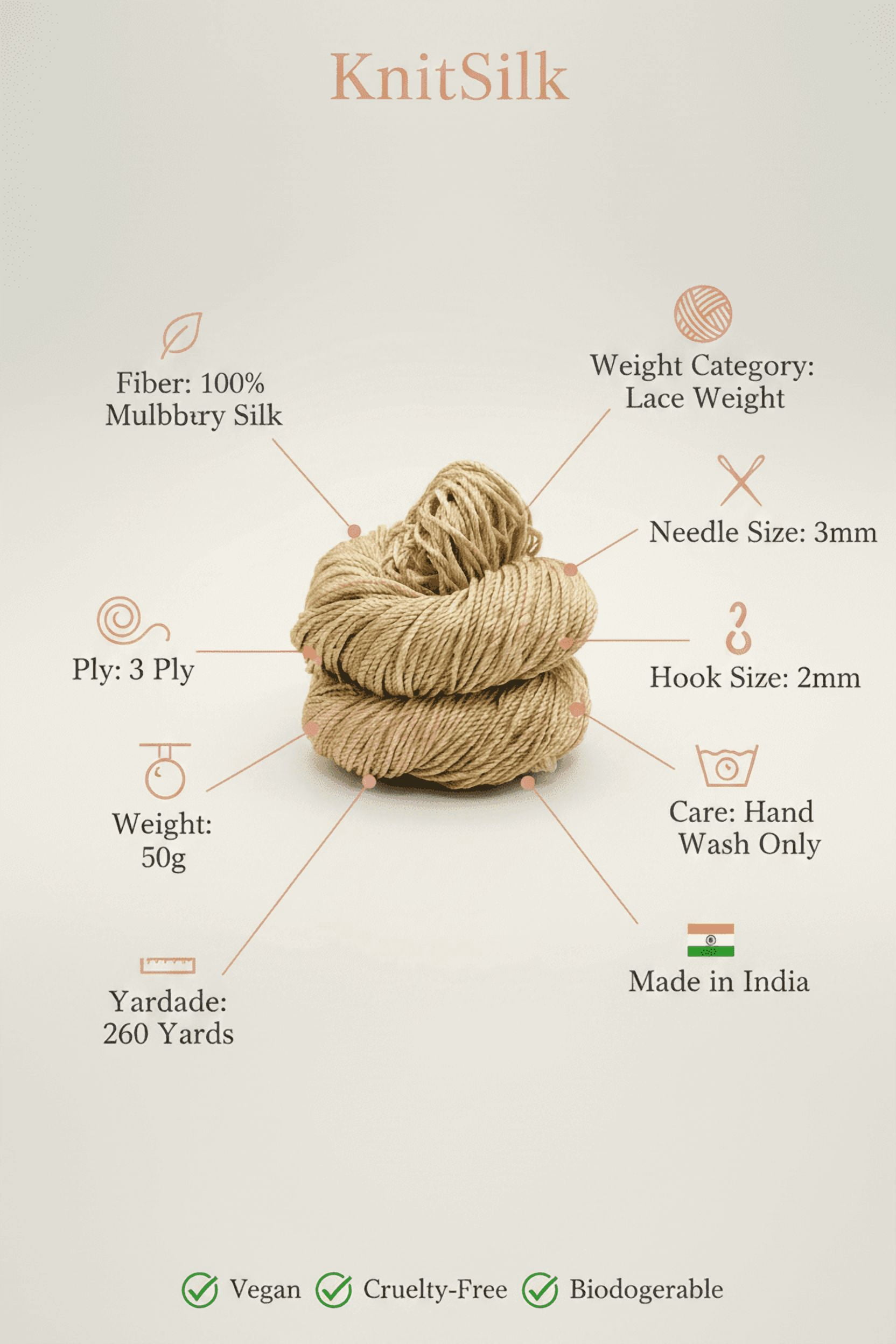Knitsilk 3 Ply 100% Mulberry Silk Lace Weight Yarn, 50Gm-260Yards, Gold