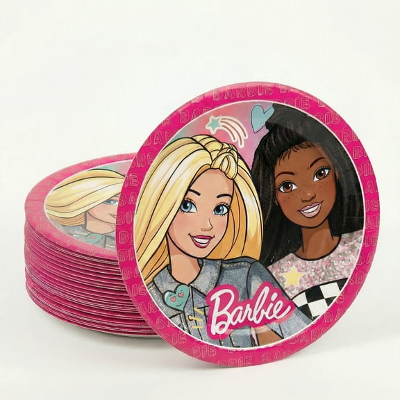 Barbie Dream Together Party Plates, 9-Inch Round Disposable Paper Plates - Glossy Coated, Raised Rim for Grip | Pink Barbie Birthday Supplies, Kids Tableware - 16 Count (2 Packs of 8)
