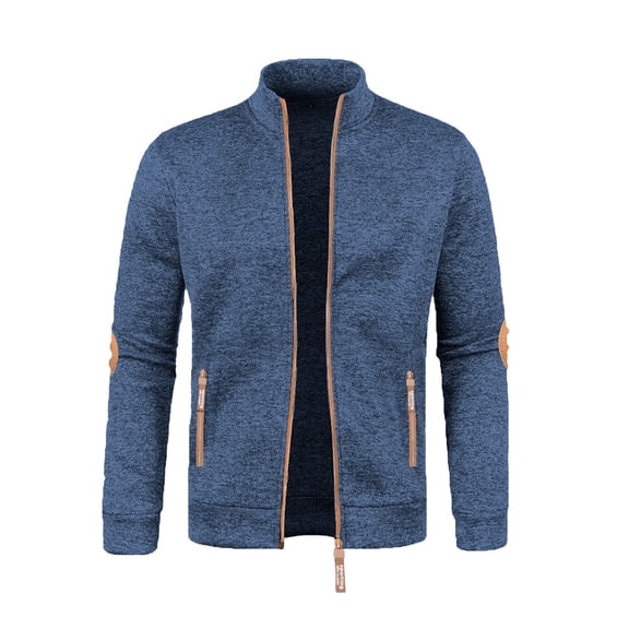 QTBIUQ Men Solid Color Long Sleeved Stand up Collar Zipper Cardigan Sweater Jacket Navy
