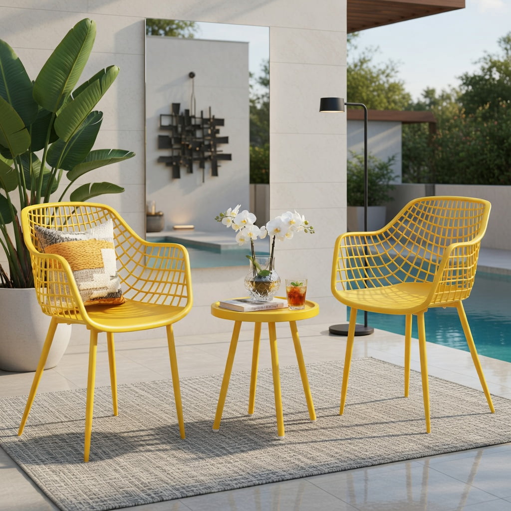 Hommoo 3-Piece Outdoor Patio Chair Set with PP Seat & Coffee Table, Metal Bistro Set for Backyard, Balcony, Poolside, Yellow