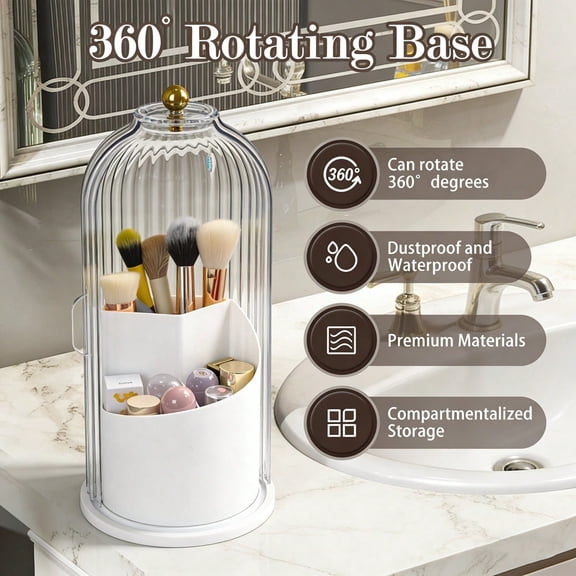 Rotating Bathroom Organizer, White 360° Sliding Lid 3-Slot Storage for Toothbrushes, Toothpaste & Makeup, Waterproof Dustproof Countertop Holder, No-Drill Design, 1 Piece