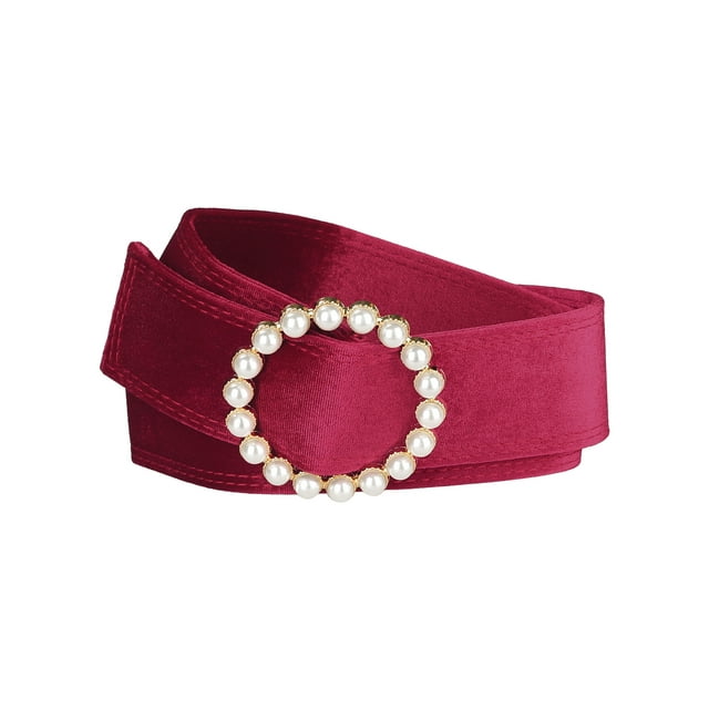 Cinturón de cintura de mujer plus size con hebilla de perlas falsas Inspire Chic, cinturones anchos de terciopelo vintage para vestido 30.31-37.01" rojo vino