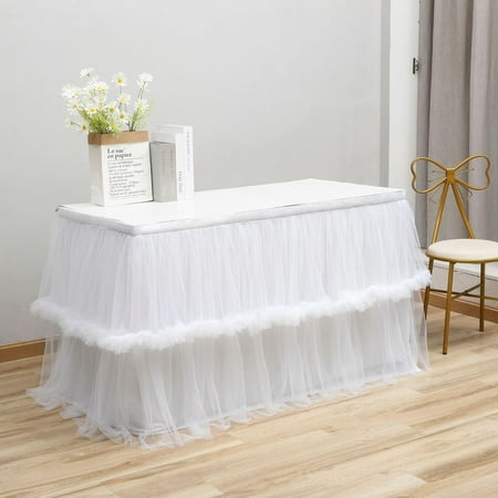 

SUANMAY Table Skirt Decoration Set Tulle Table Skirt Birthday Party Rectangular Round Fluffy Mesh Short Skirt for Party Wedding Baby Shower Decoration White 4.3m