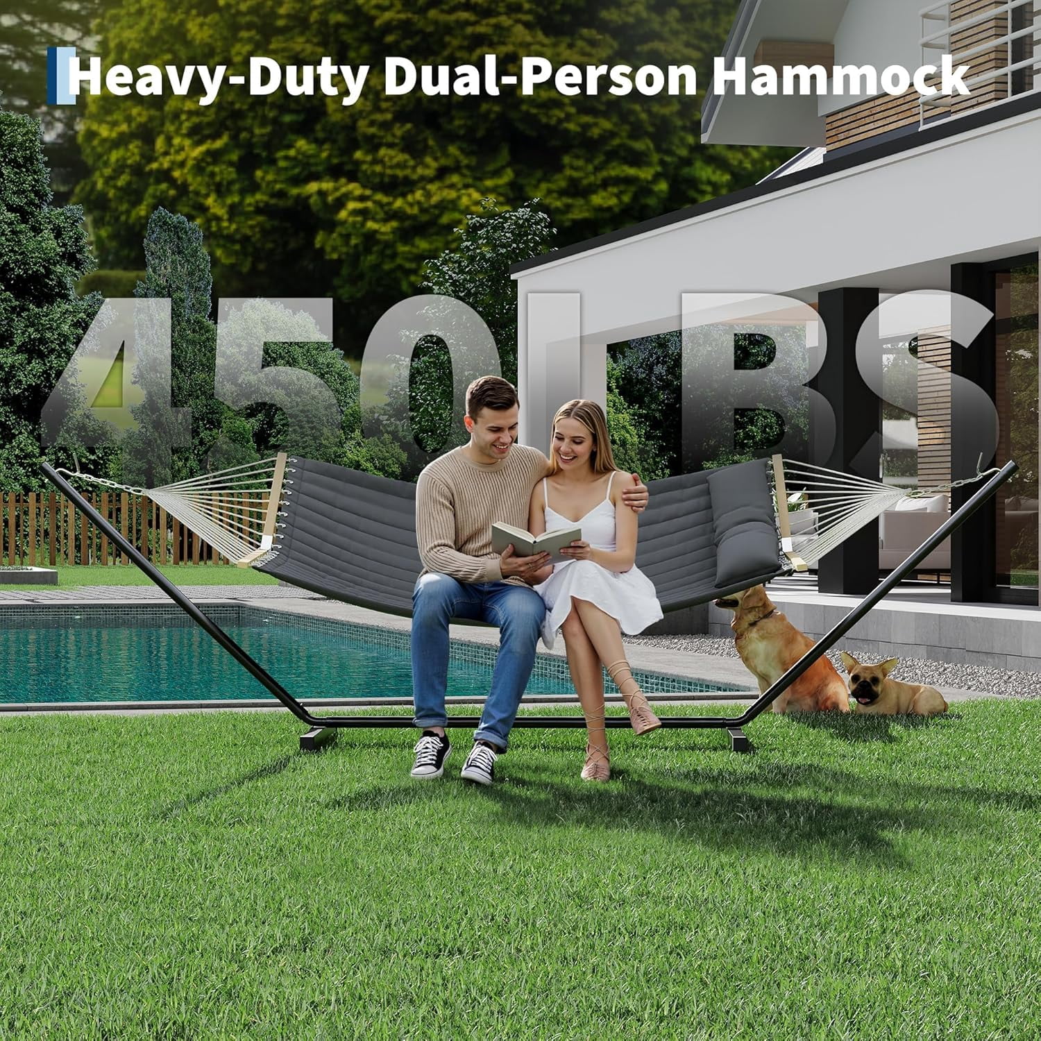 2 Person Outdoor Hammock with Stand, Heavy Duty Portable Double Hammock with Balance Rope, MAX 450 LBS Capacity for Patio, Backyard, Garden, Beach